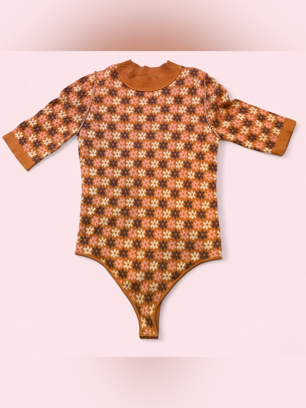 Free People Floral Knit Bodysuit - Rust Orange, Cream, Brown, Pink